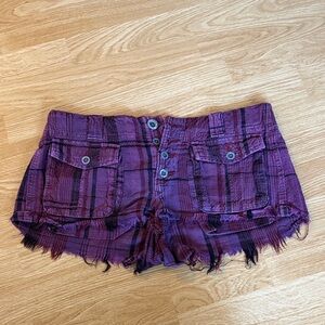 Free People Purple Plaid Frayed Hem Jean Shorts
